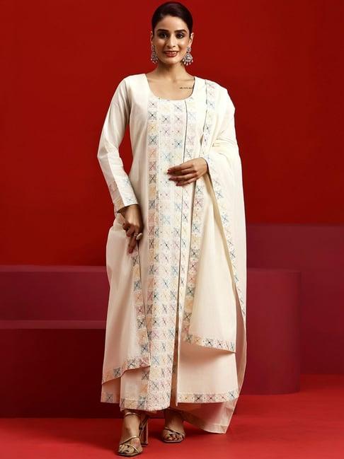 libas art off-white cotton embroidered kurta pant set with dupatta