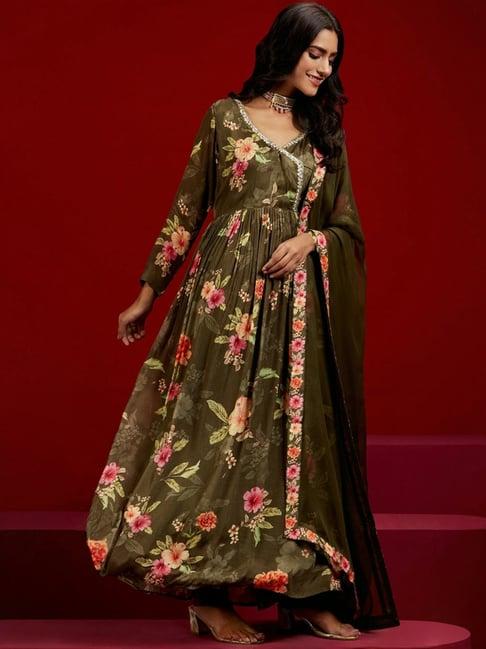 libas art olive green floral print kurta pant set with dupatta