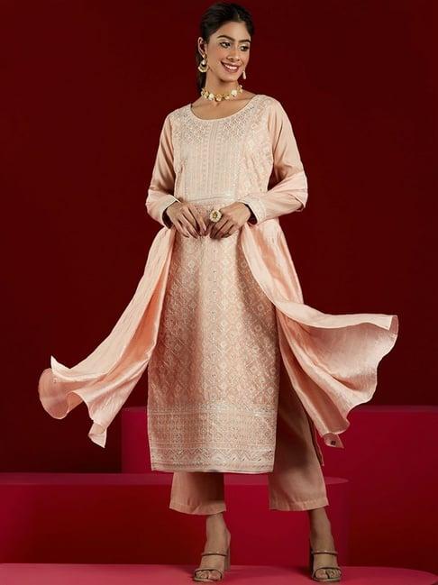 libas art peach embroidered kurta pant set with dupatta