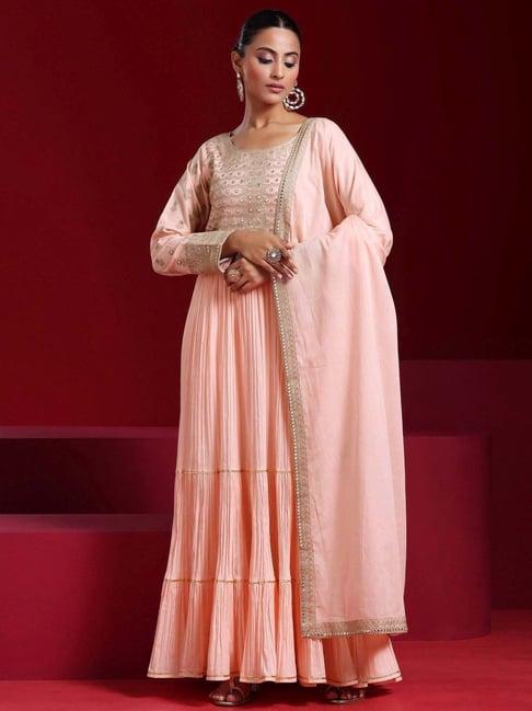 libas art peach embroidered kurta pant set with dupatta