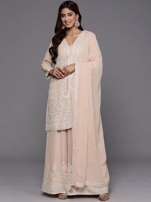 libas art peach embroidered kurti palazzo set with dupatta