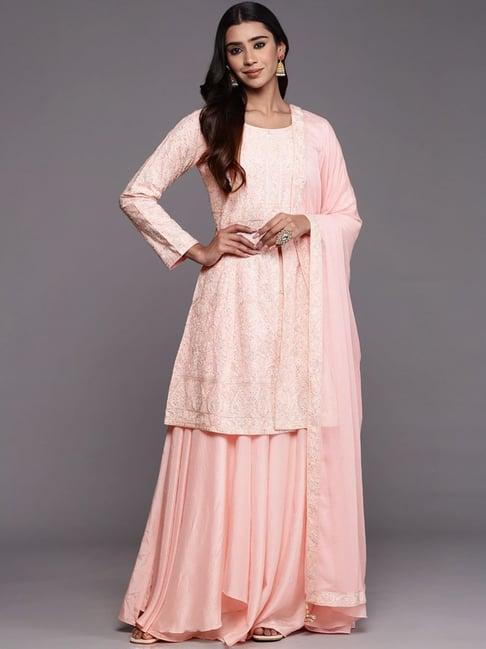 libas art peach embroidered kurti palazzo set with dupatta