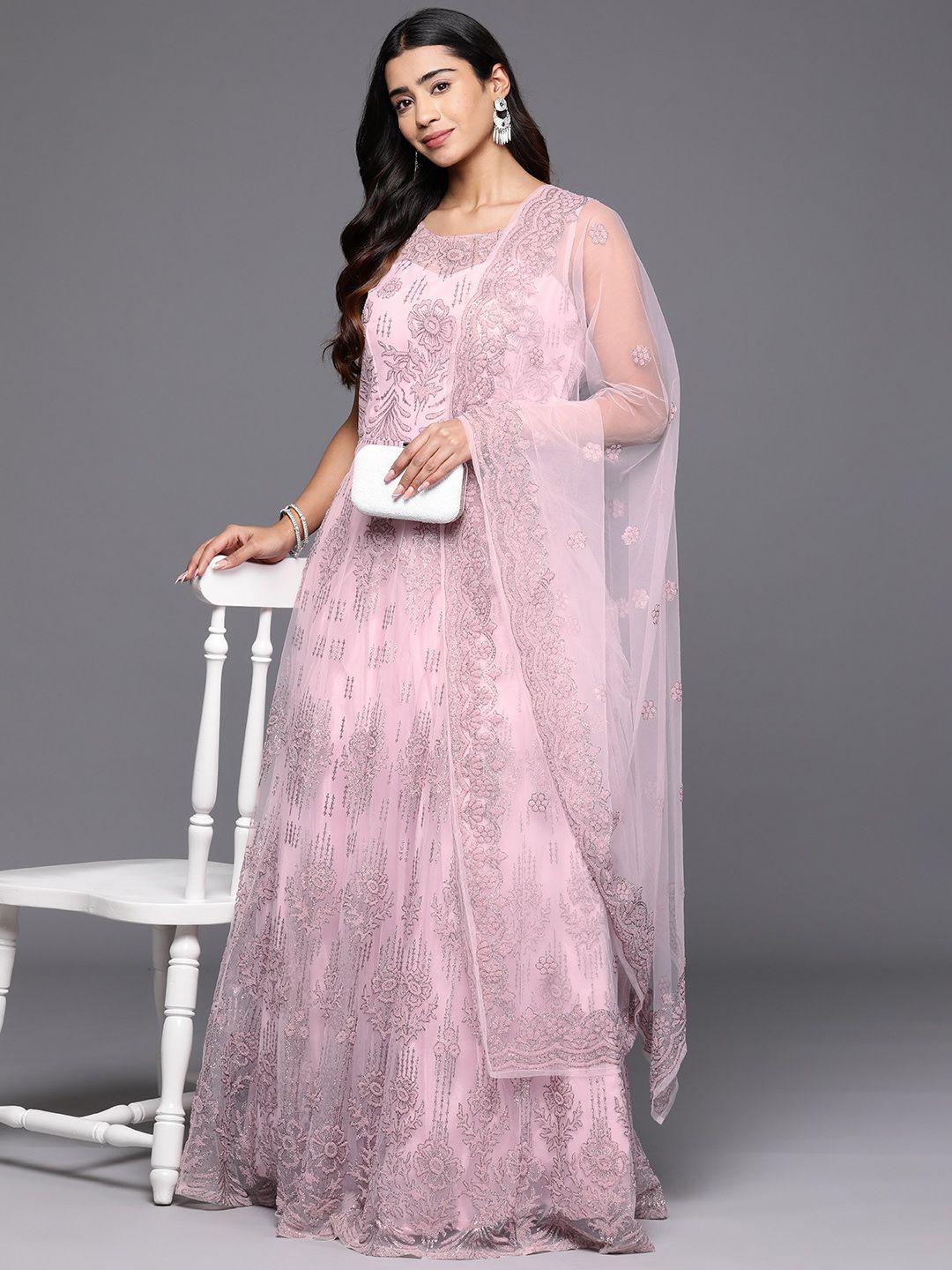 libas art pink floral embellished net maxi dress with dupattta