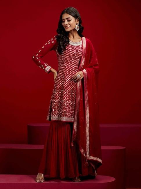 libas art red embroidered kurti sharara set with dupatta