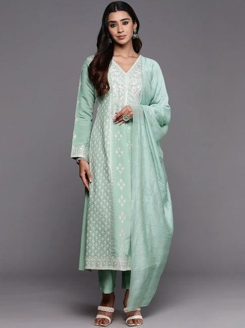 libas art sea green embroidered kurta pant set with dupatta