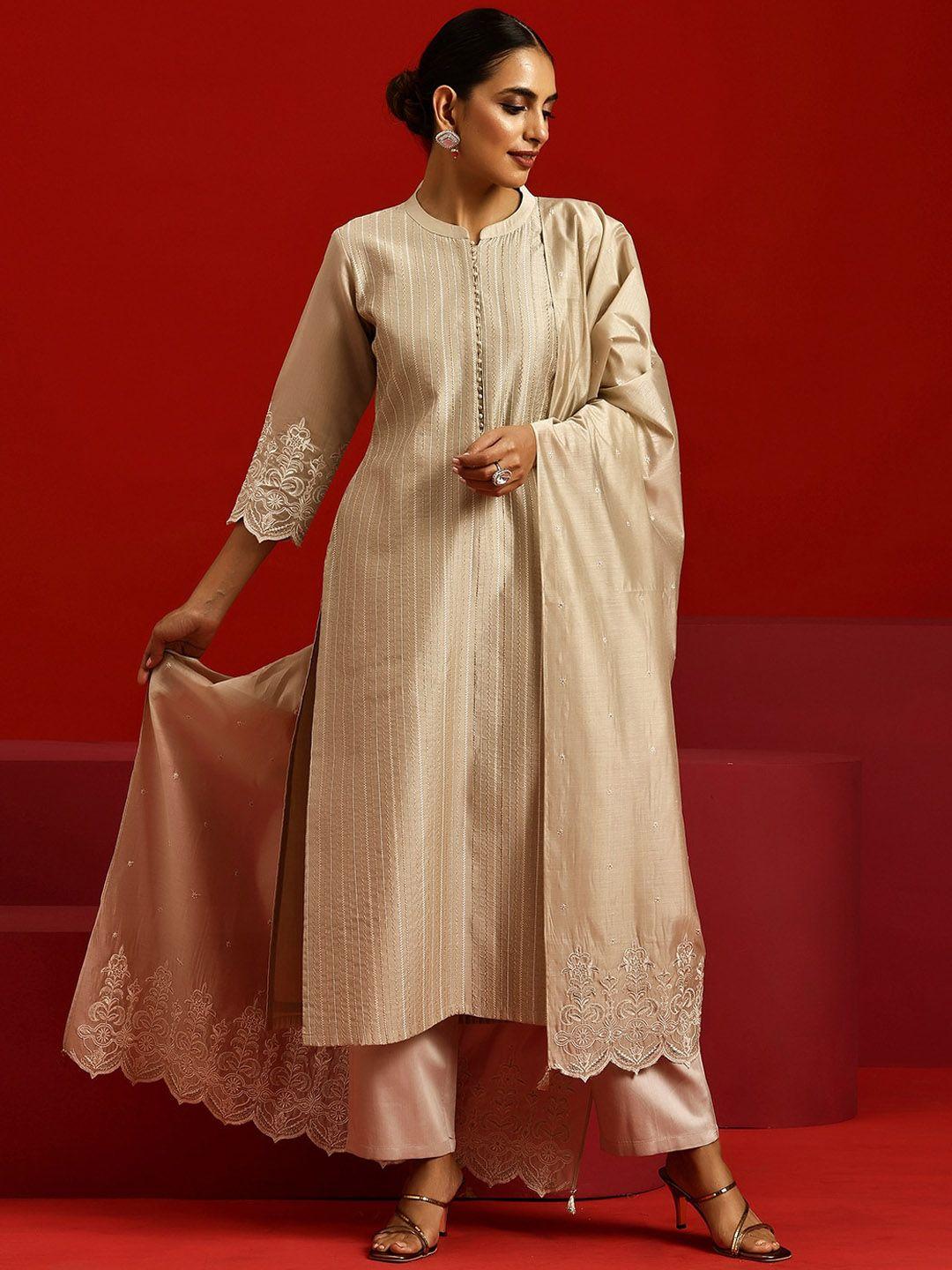 libas art striped embroidered kurta with trousers & dupatta