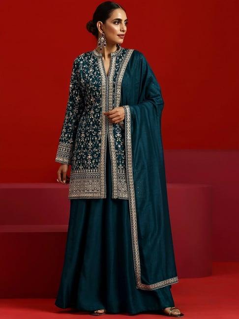 libas art teal blue embroidered kurti palazzo set with dupatta