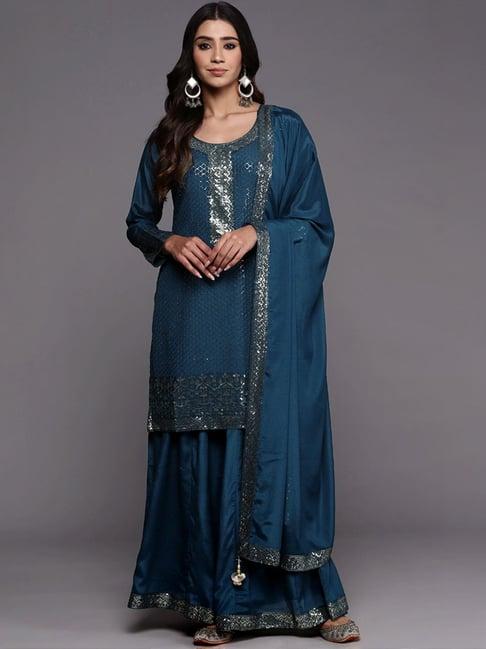 libas art teal blue embroidered kurti palazzo set with dupatta