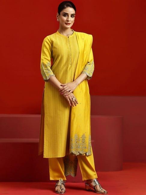 libas art yellow embroidered kurta pant set with dupatta