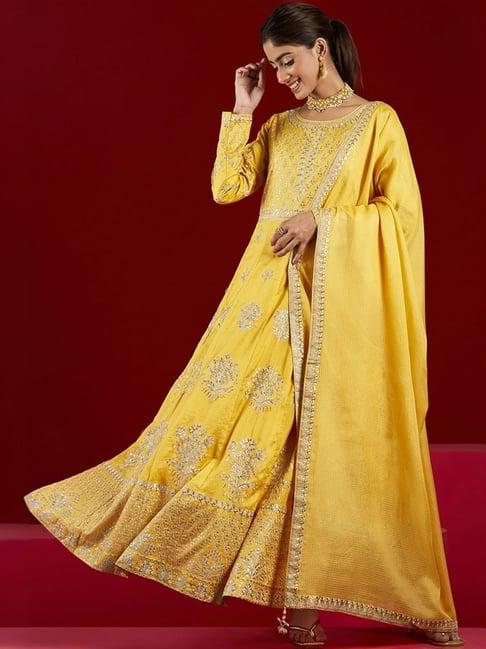 libas art yellow embroidered kurta pant set with dupatta