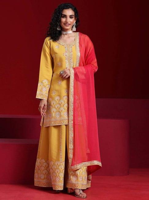 libas art yellow embroidered kurti palazzo set with dupatta