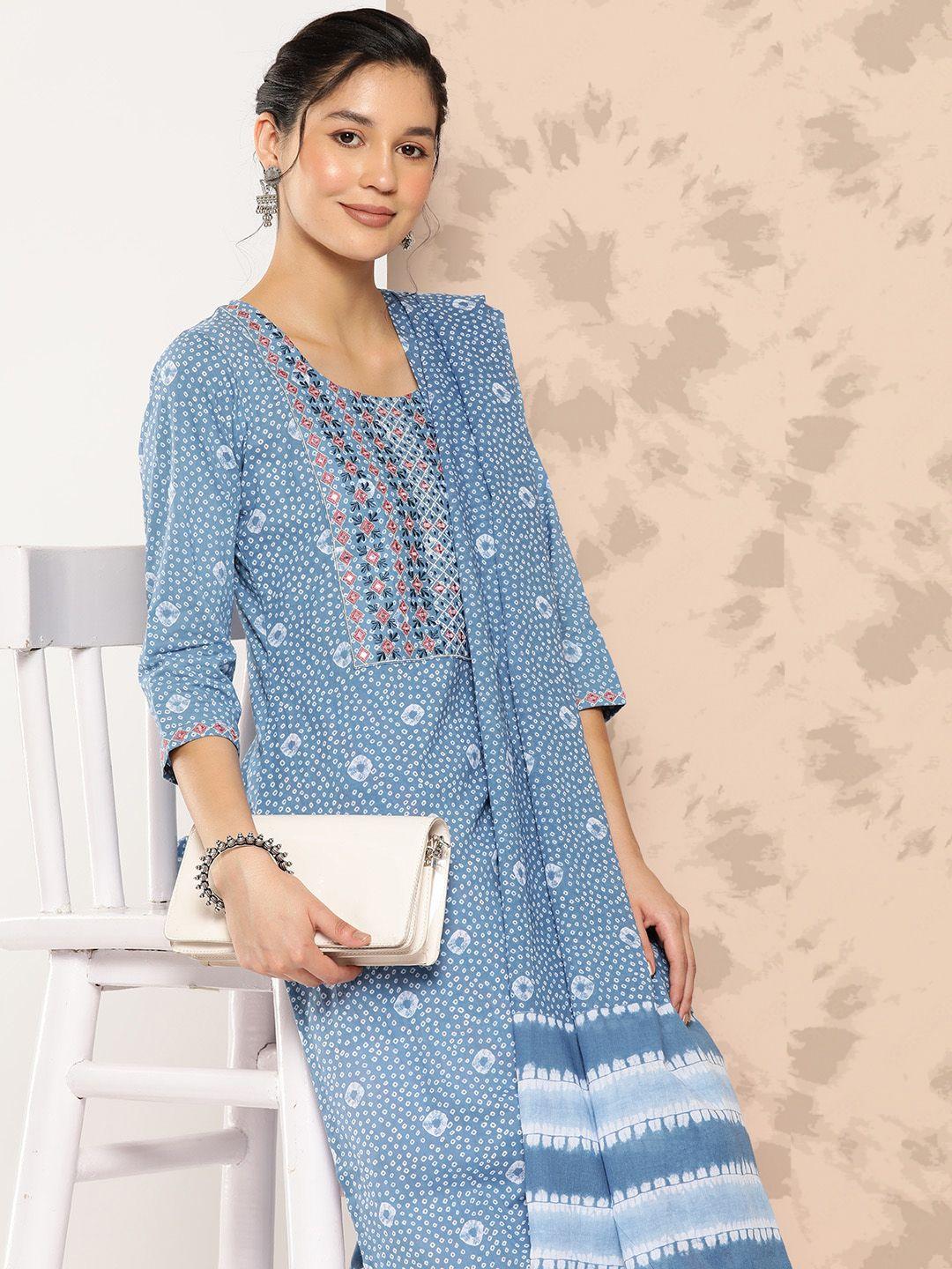 libas bandhani printed mirror work pure cotton kurta with trousers & dupatta