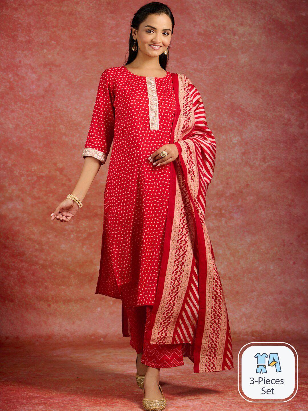 libas bandhani printed round neck sequined straight kurta & trousers with dupatta
