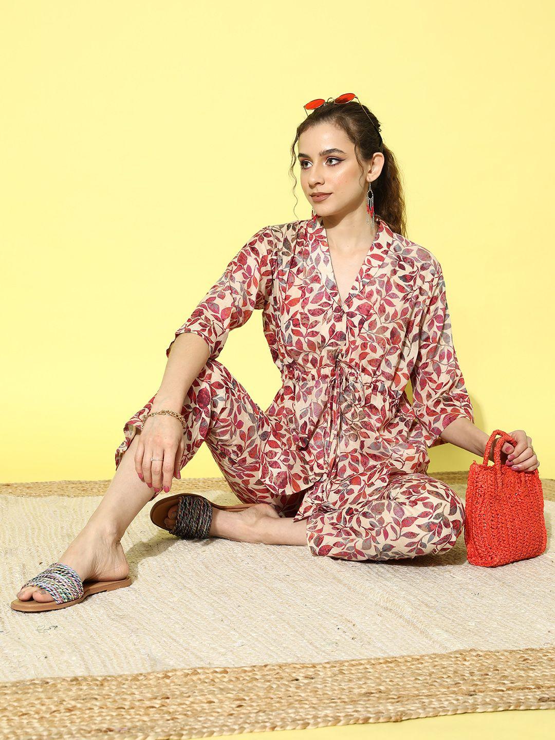 libas beige & red floral print pure cotton tunic with trousers