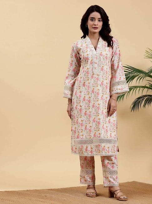 libas beige cotton printed kurta pant set