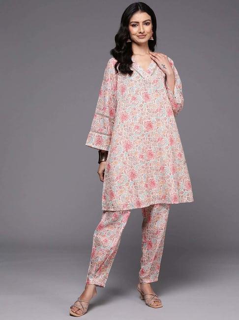 libas beige cotton printed kurti pant set