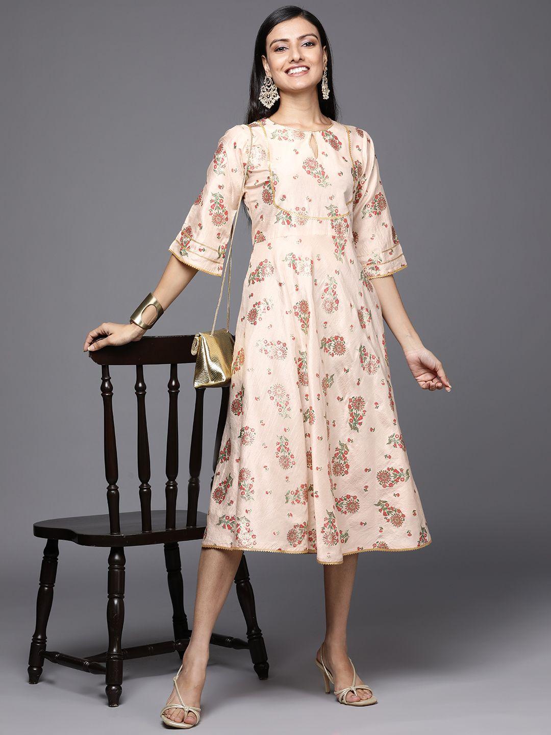 libas beige floral keyhole neck a-line midi dress