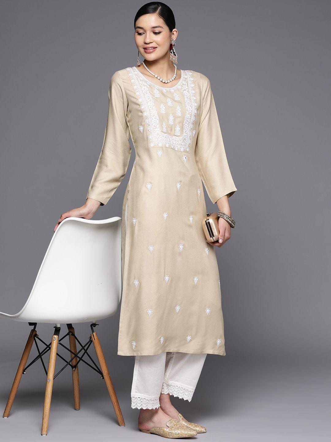 libas beige pashmina wool floral embroidered yoke detail straight kurta