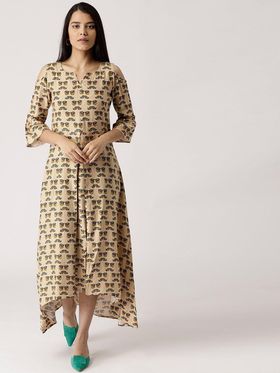 libas beige quirky printed a-line maxi dress