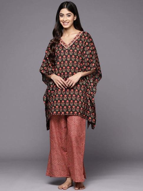 libas black & maroon cotton printed kaftan and pyjamas set