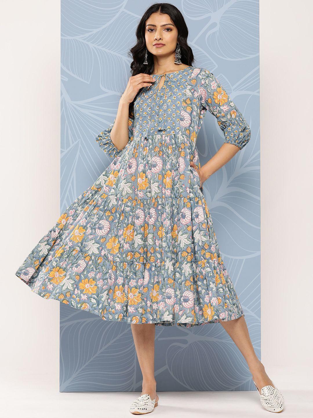 libas blue & yellow floral print tie-up neck puff sleeve fit & flare midi dress