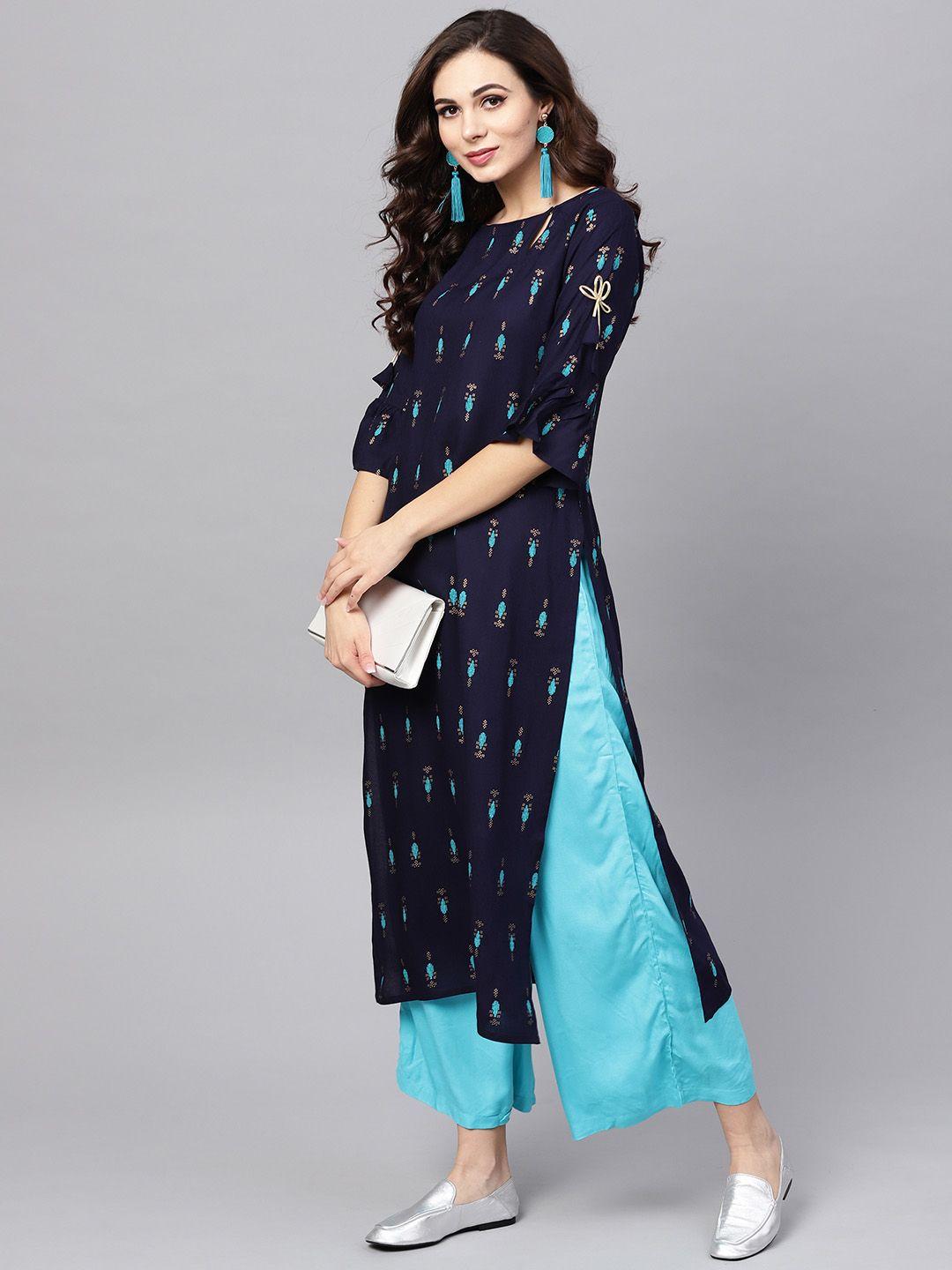 libas blue block print straight viscose kurta with keyhole neck