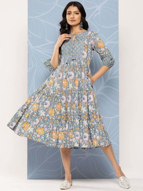 libas blue cotton printed a-line dress