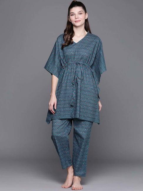 libas blue cotton printed kaftan & pyjama set