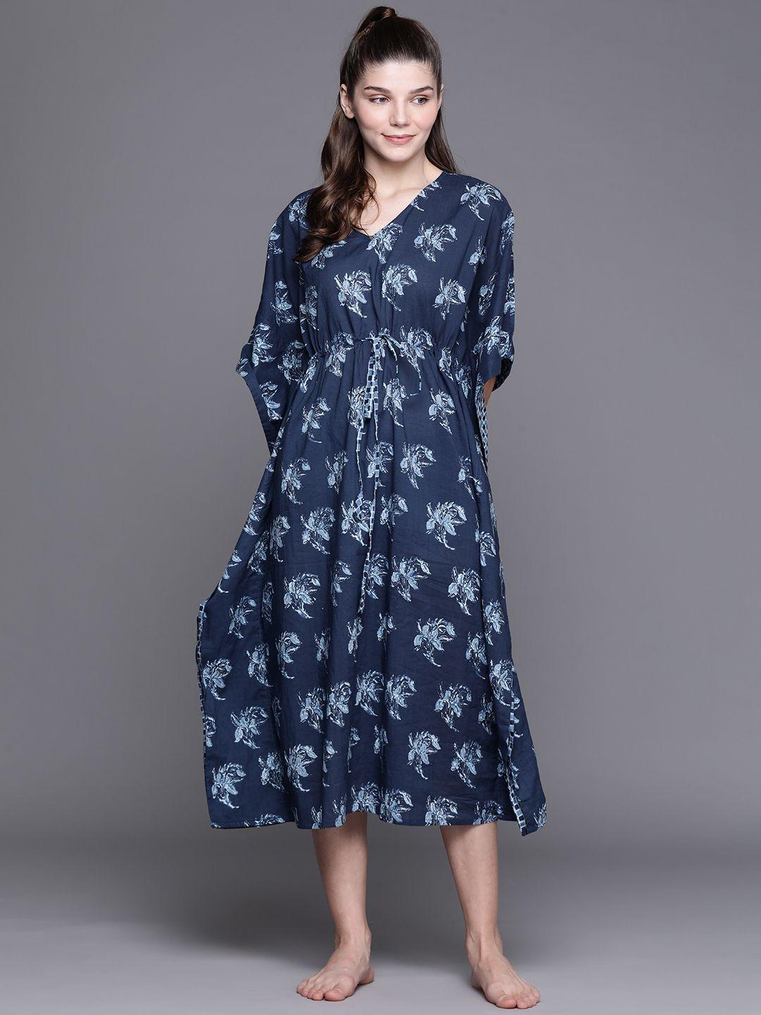libas blue cotton printed kaftan night dress