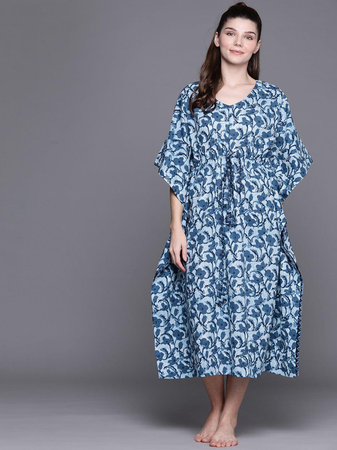 libas blue cotton printed kaftan night dress