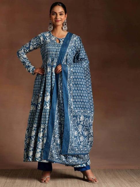 libas blue cotton printed kurta pant set with dupatta