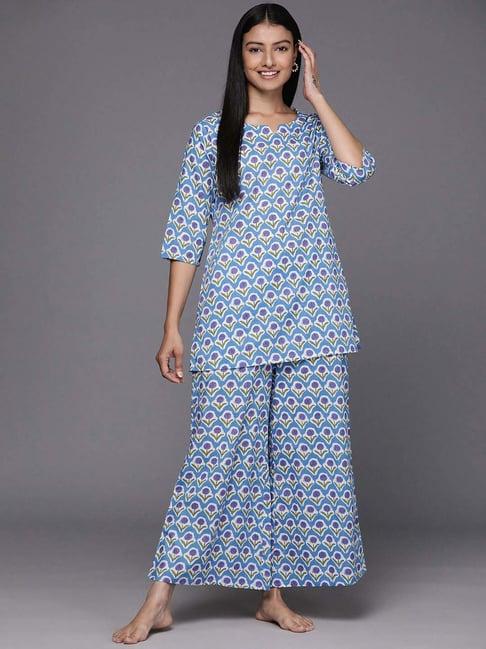 libas blue cotton printed tunic and pyjamas set