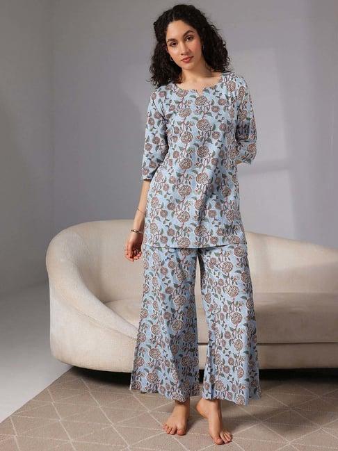 libas blue cotton printed tunic pyjamas set