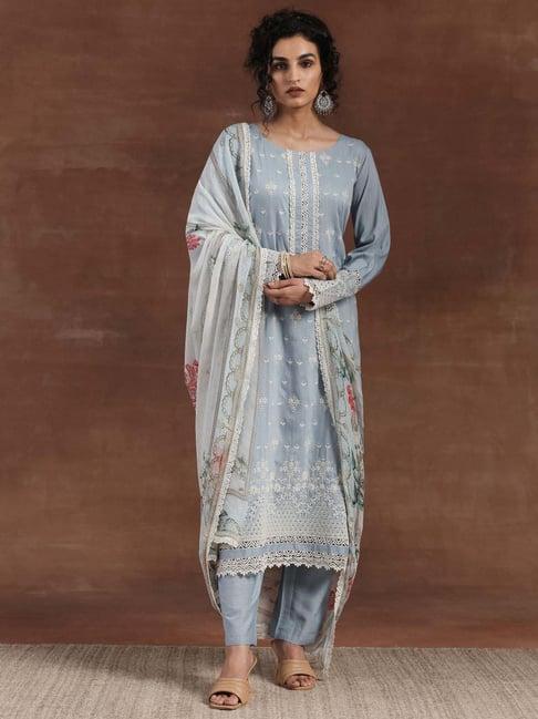 libas blue embroidered kurta & palazzo set with dupatta