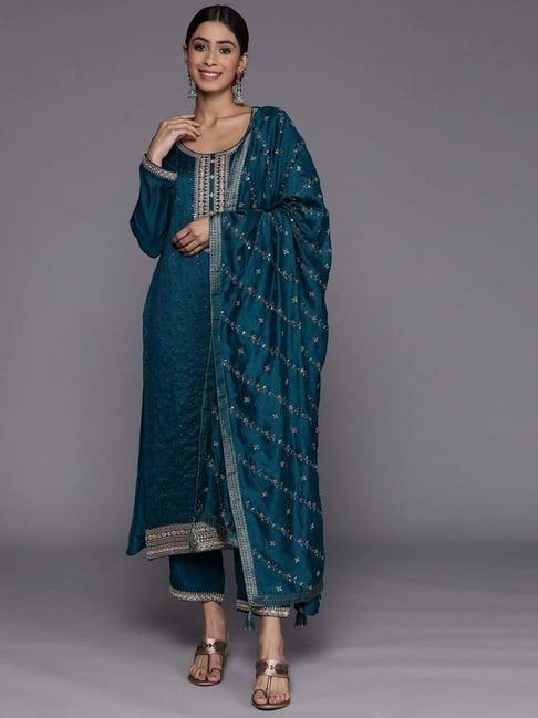 libas blue embroidered kurta pant set with dupatta