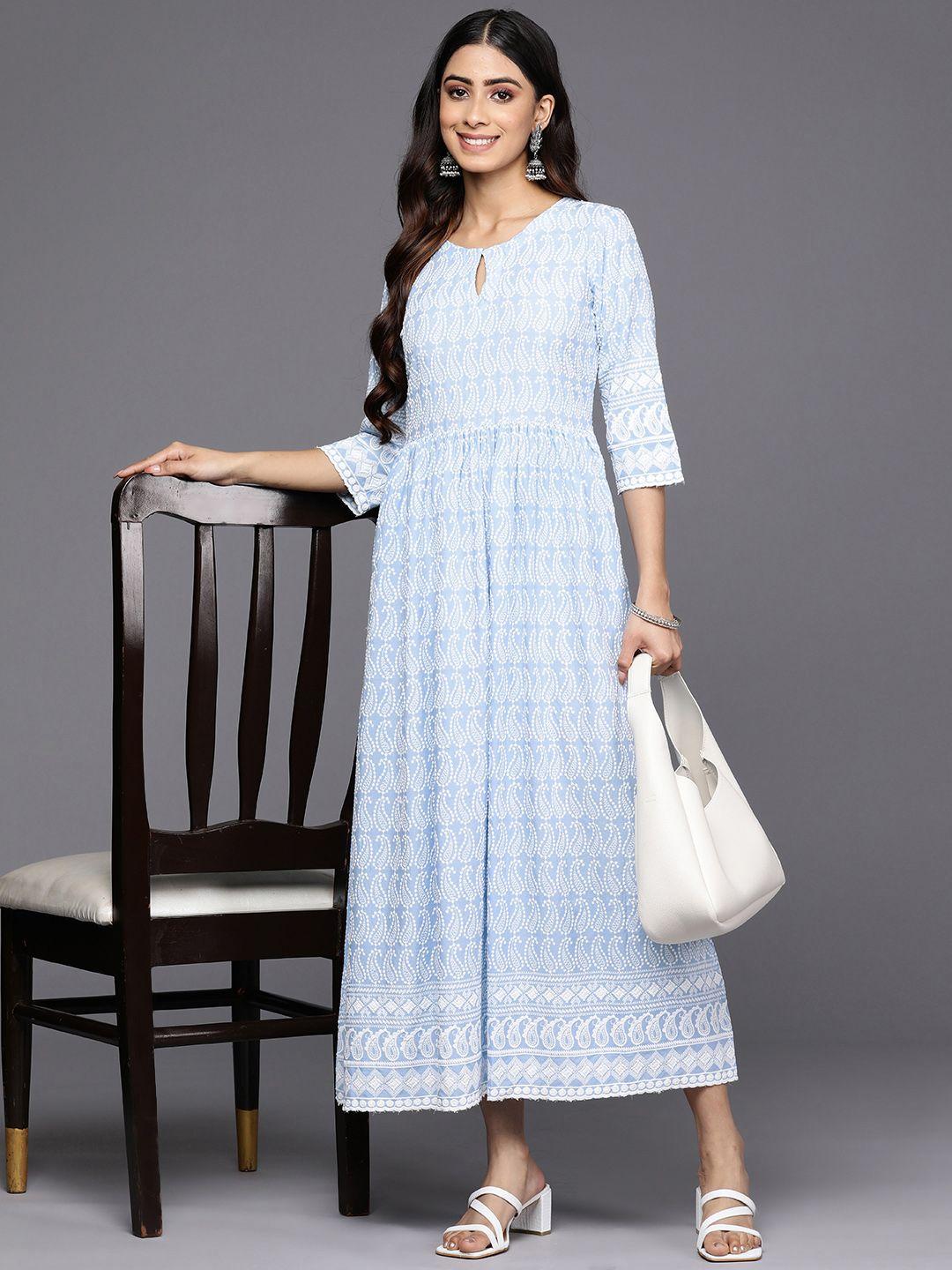 libas blue ethnic motifs embroidered keyhole neck midi ethnic dress