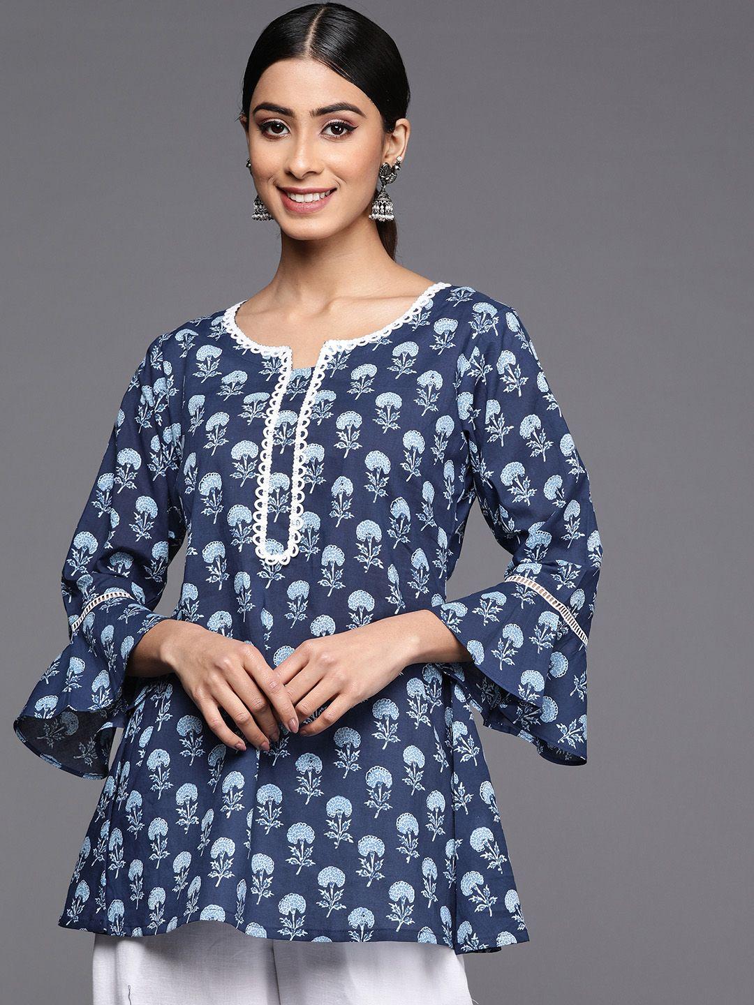 libas blue floral printed flared sleeves pure cotton kurti