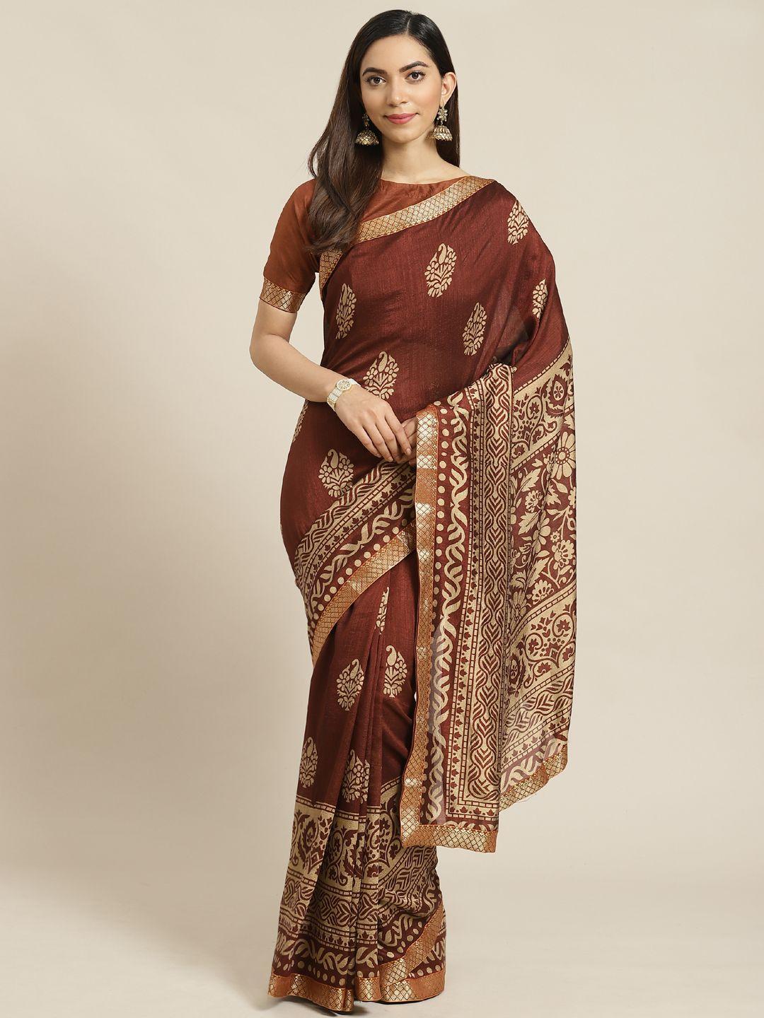 libas brown & beige cotton blend printed saree