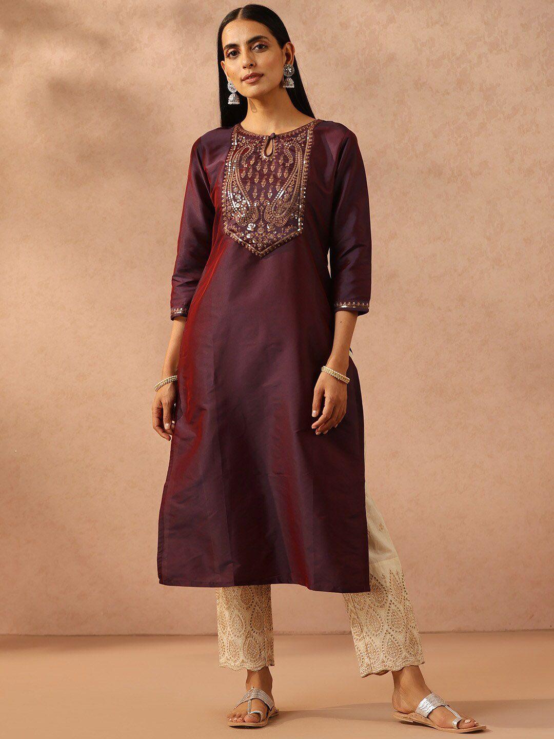 libas burgundy & gold-toned ethnic motifs embroidered sequined straight kurta