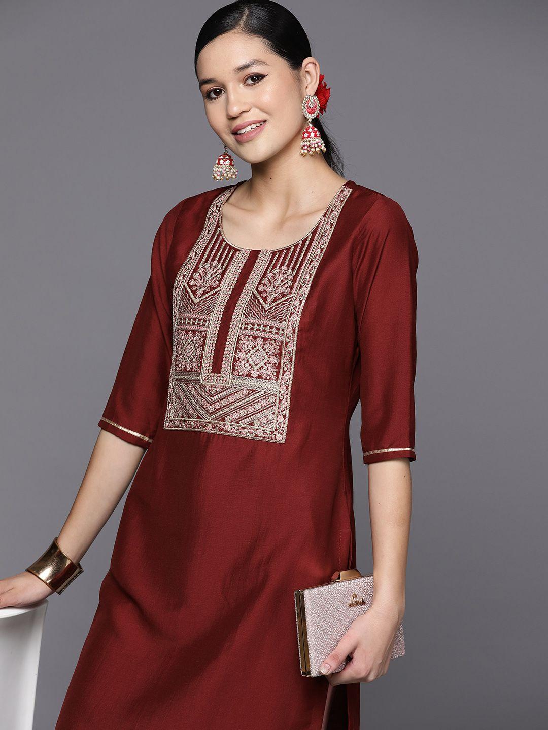 libas burgundy ethnic motifs embroidered kurta