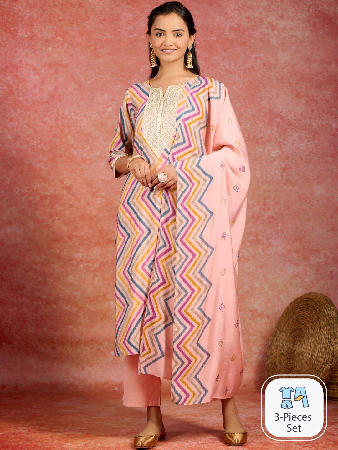 libas chevron printed regular sequinned kurta with trousers & dupatta