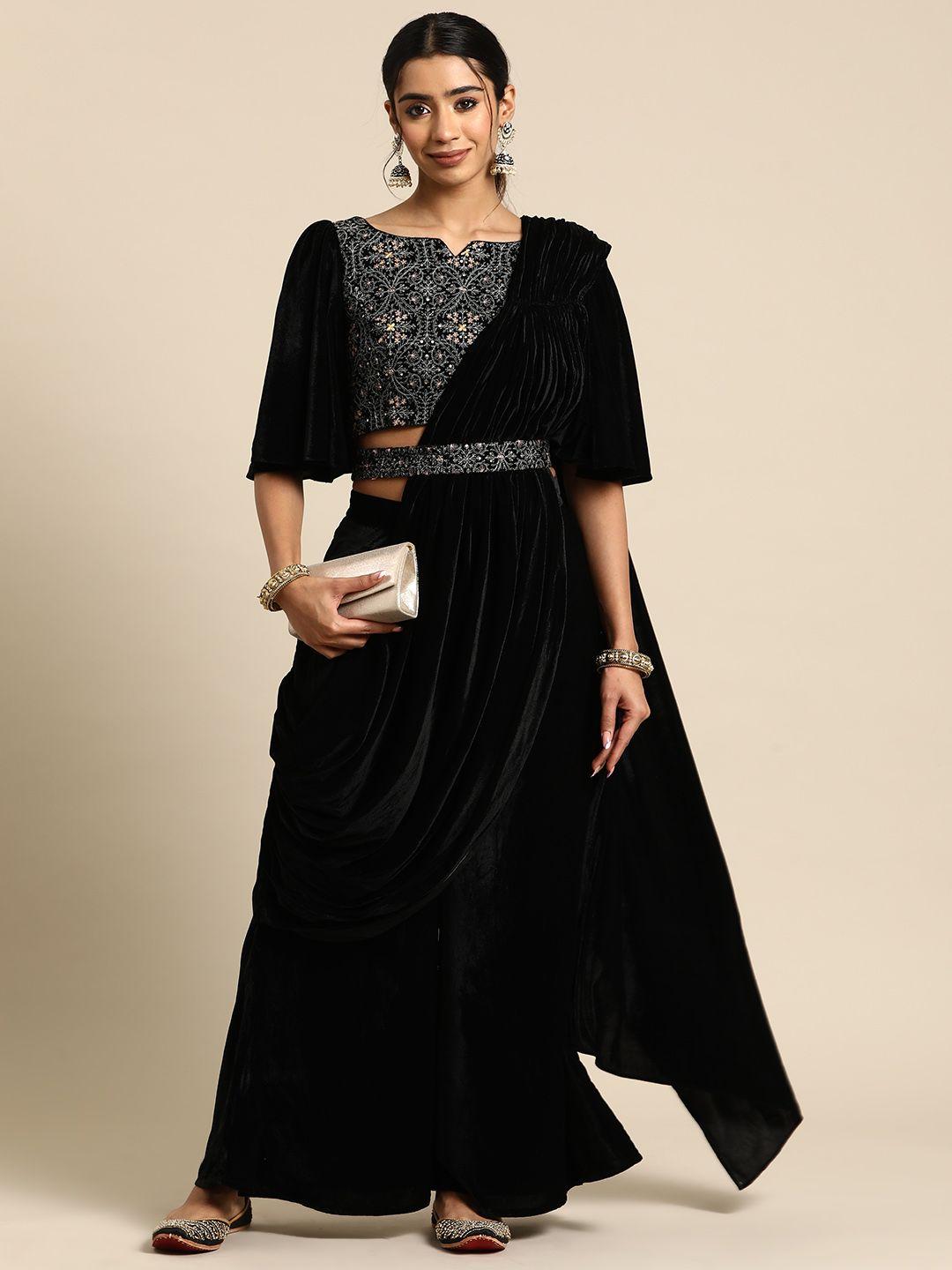 libas embellished embroidered velvet palazzo saree with belt