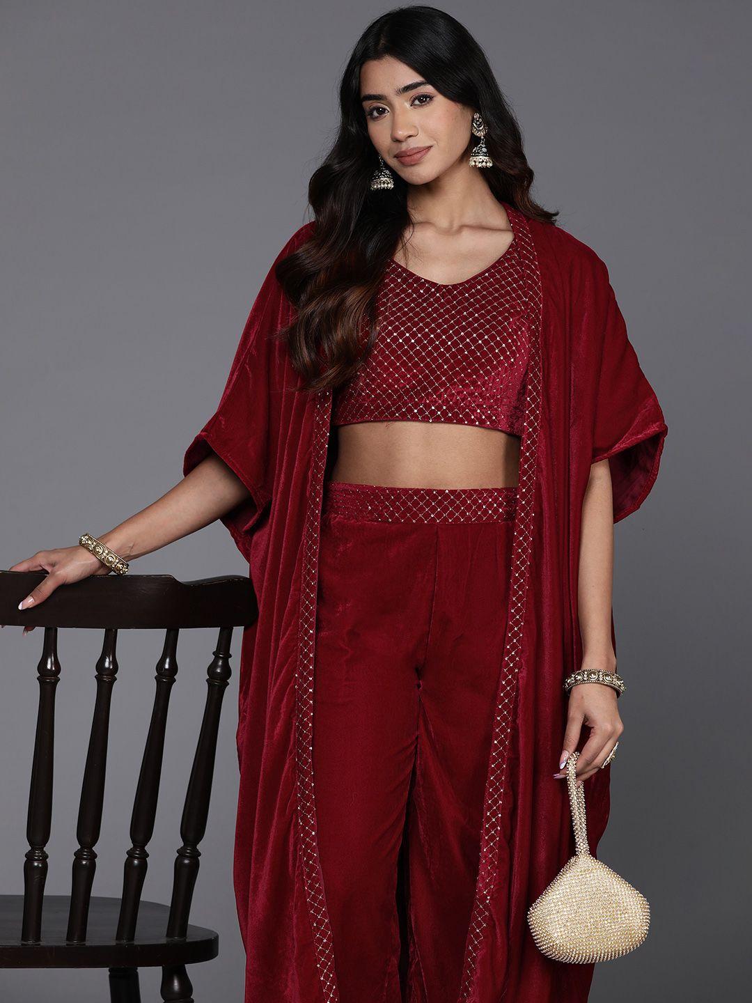 libas embroidered crop top with palazzos & shrug