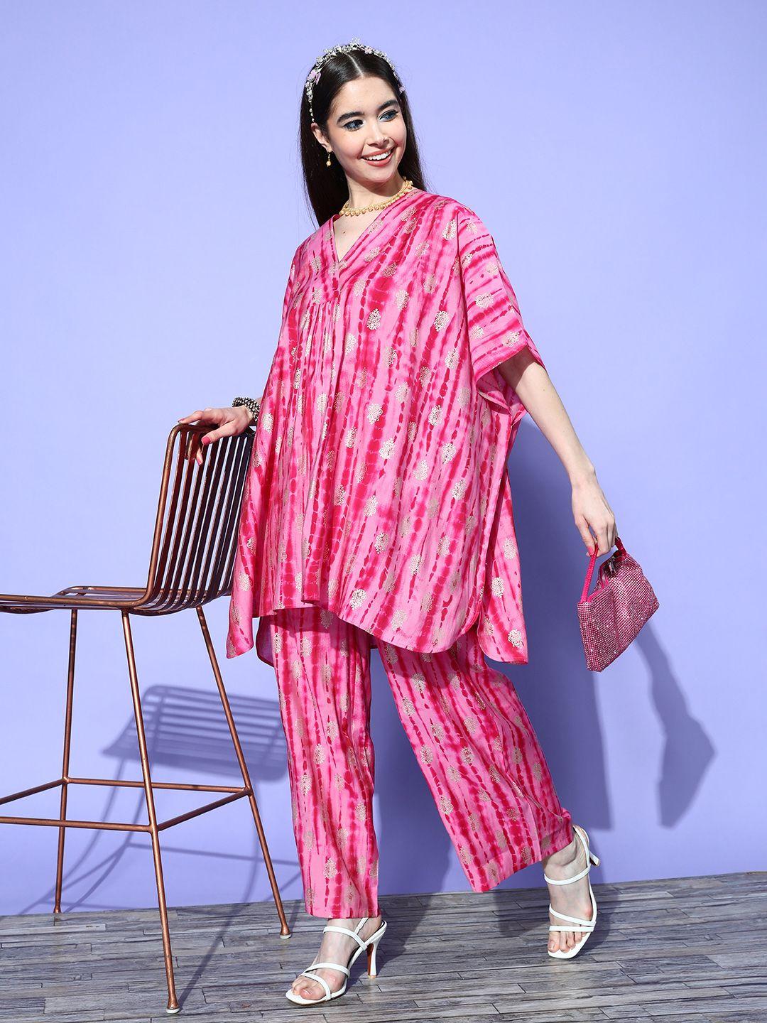 libas ethnic motifs dyed kaftan kurti with palazzos