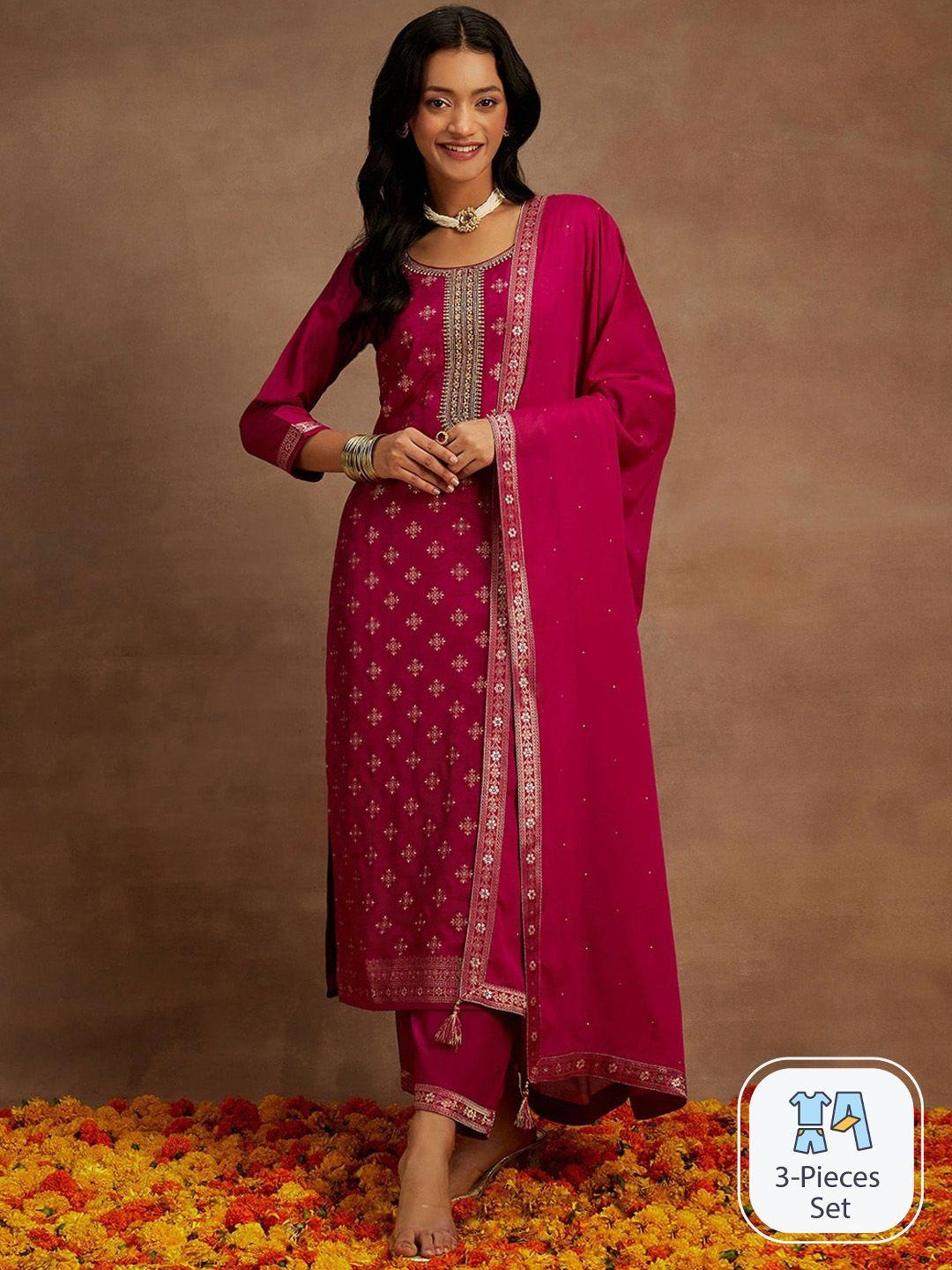 libas ethnic motifs embroidered sequinned straight kurta with trousers & dupatta