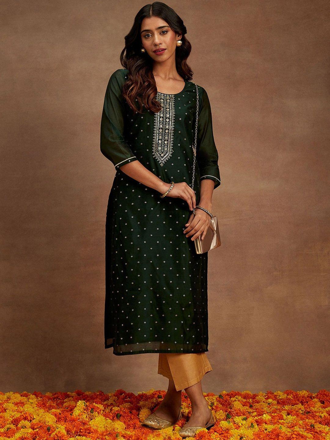 libas ethnic motifs embroidered thread work chanderi silk straight kurta