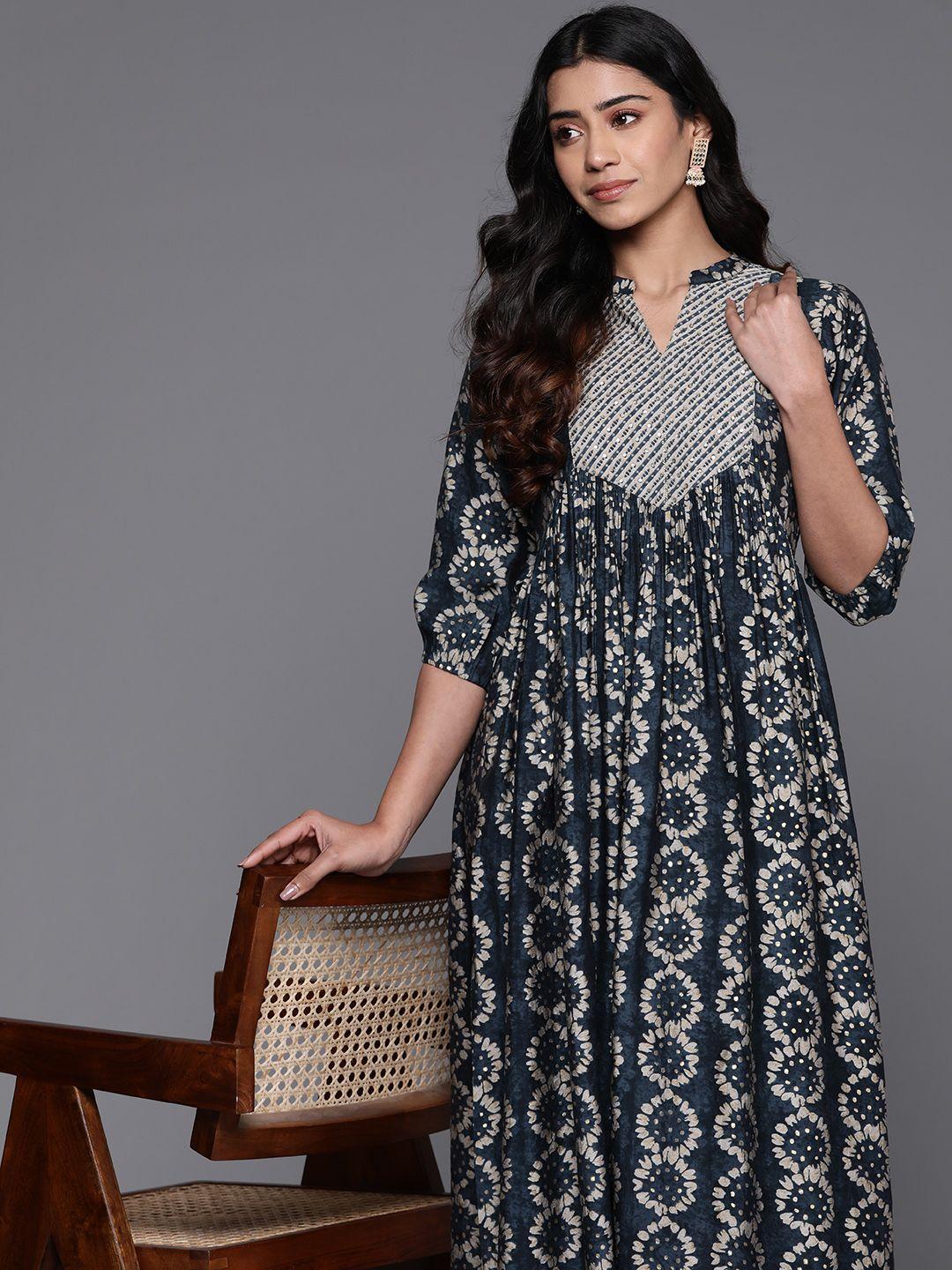 libas ethnic motifs print band collar puff sleeve pleated silk fit & flare midi dress