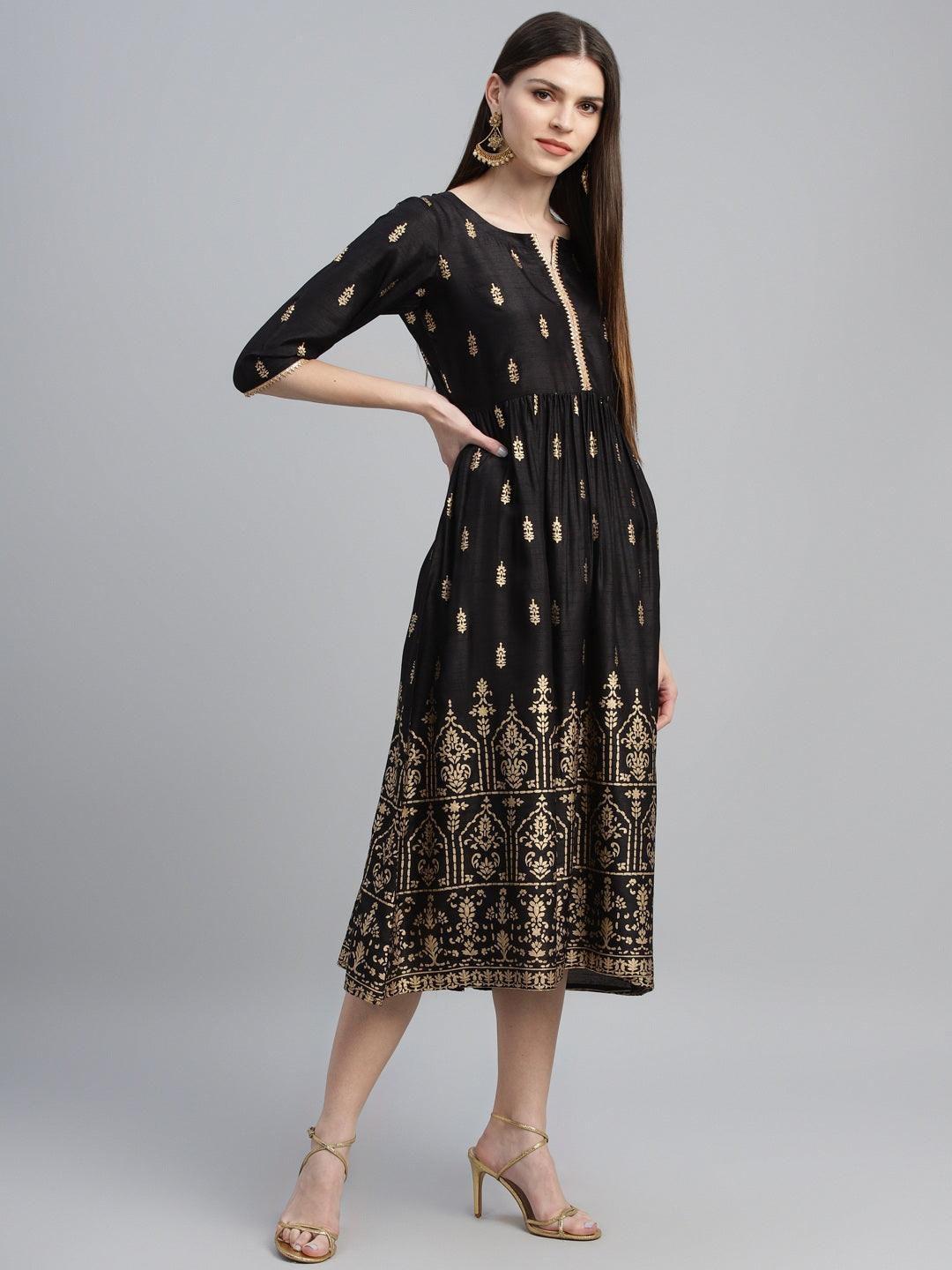 libas ethnic motifs printed fit & flare midi ethnic dress