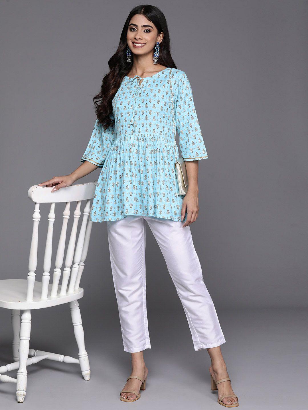 libas ethnic motifs printed flared sleeves pleated kurti