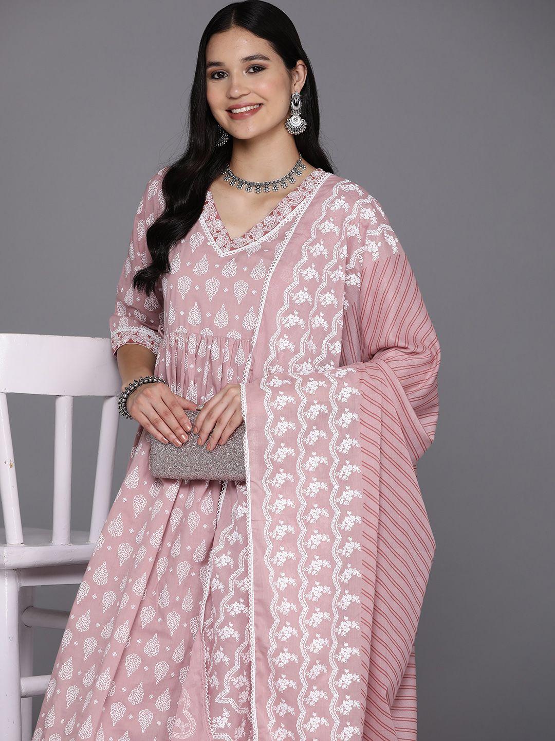 libas ethnic motifs printed high slit pure cotton kurta with trousers & dupatta